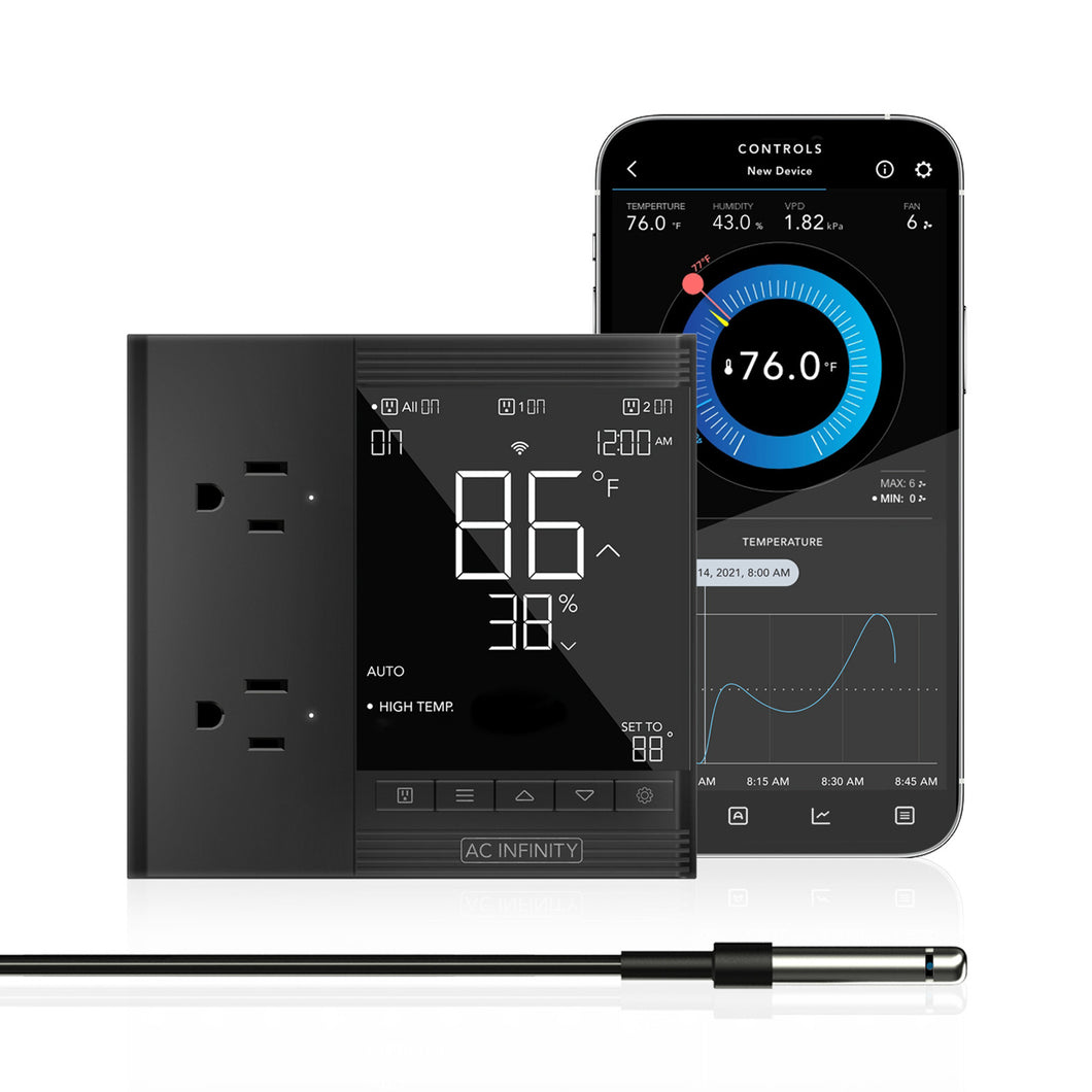 CONTROLLER 75, Smart Outlet Controller, Temperature, Humidity, Schedule Programs for Two Devices, Data App, Bluetooth